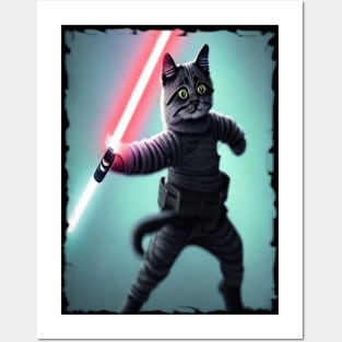 Fun Cat Print ~ AI Art ~ Fantasy Cat ~ Sci-fi Cat ~ Cats with Lightsabers Posters and Art